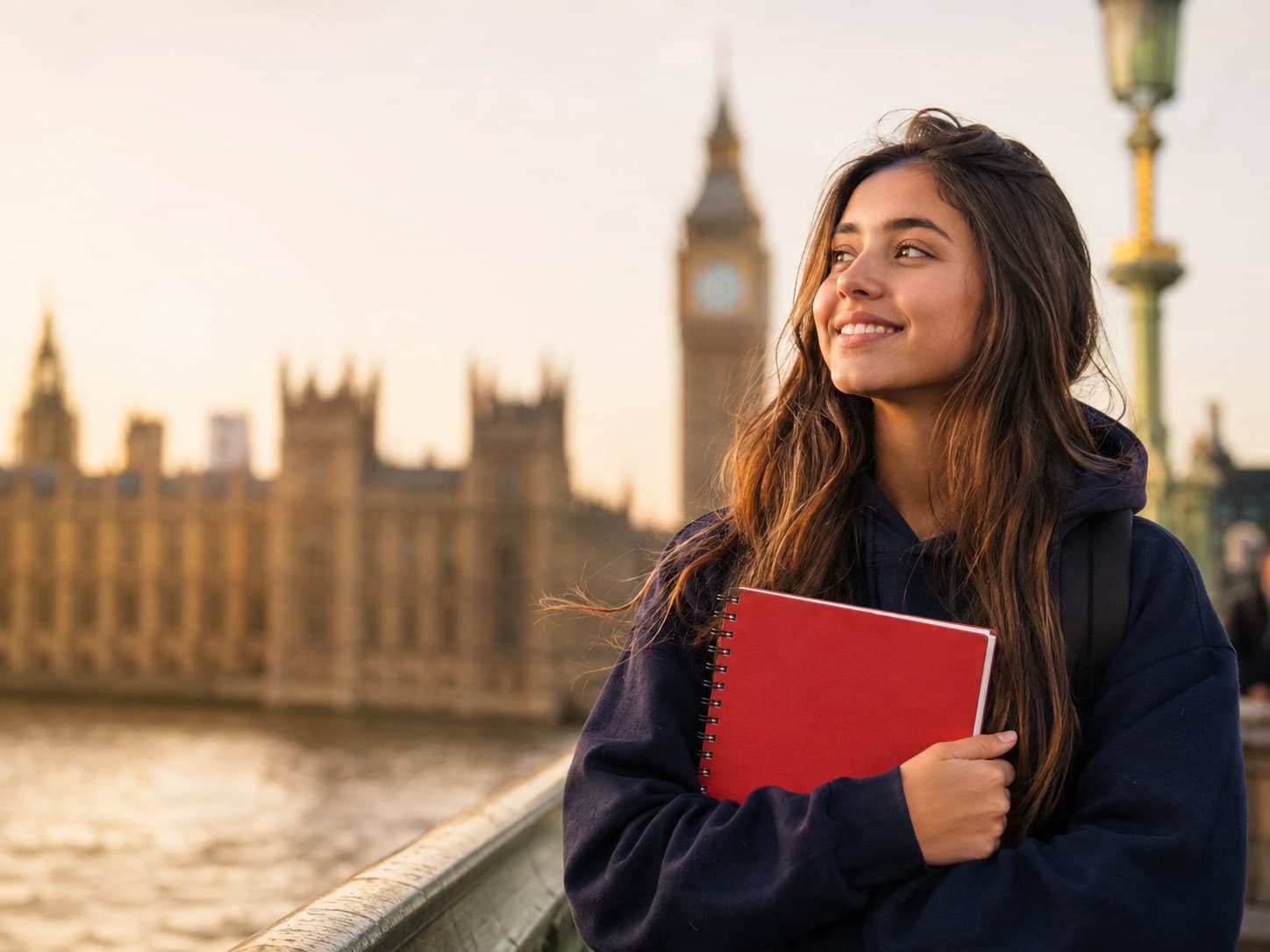 Aluna Promise em Londres, com material didático
